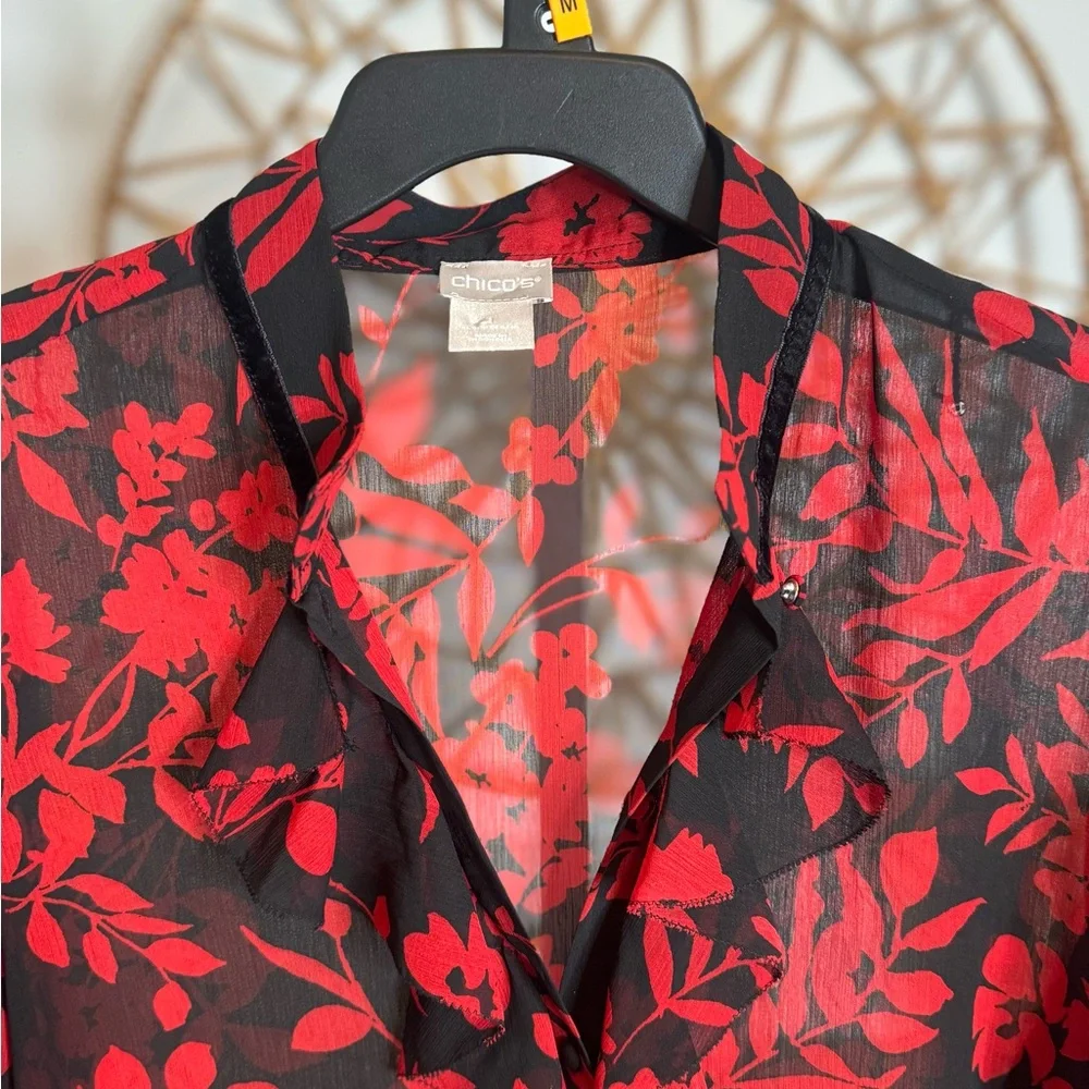 Chico’s size 1  Red and black Floral‎ Sheer Blouse- does not have the cami